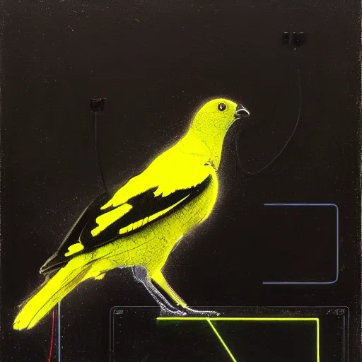 Prompt: a neon-winged mechanical austral thrush, the background is the kernel of a virtual world, oil on canvas by Yoji Shinkawa and Stina Persson