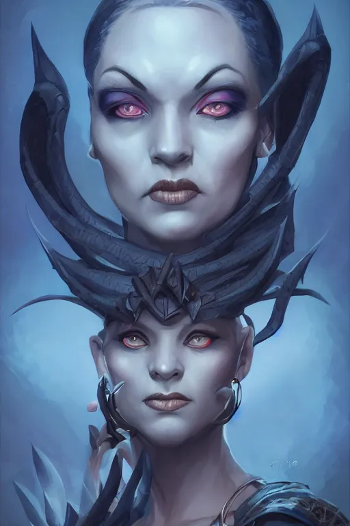 Image similar to shirley ann manson as a dark blue skinned tiefling, d & d, fantasy, portrait, highly detailed, headshot, digital painting, trending on artstation, concept art, sharp focus, illustration, art by artgerm and greg rutkowski and magali villeneuve