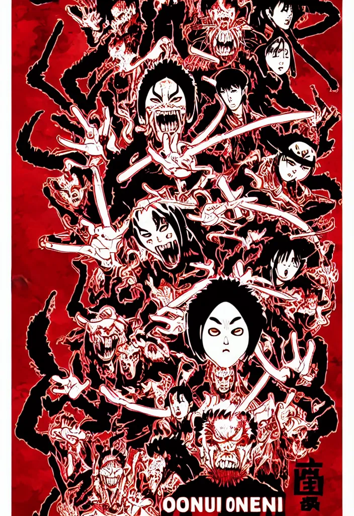 Image similar to a comic book style japanese horror poster of oni by dan mumford, yusuke murata and junji ito, blood lines, yokai, shinigami, smoke, aura, shurikens, kanji, 8k, unreal engine, trending on artstation, pixiv, intricate details, volumetric lighting