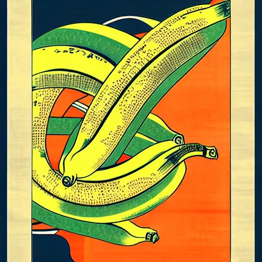 Image similar to propaganda poster of an abstract high resolution map of a banana Ukiyo-e style, HD