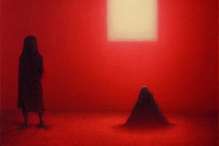 Image similar to only with red, a red shinigami eat apple, mars in background, an ancient path, in the style of beksinski, part by hopper, part by rodcenko, part by hofbauer, intricate composition, red by caravaggio, insanely quality, highly detailed, masterpiece, red light, artstation