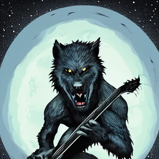 Prompt: a fearsome werewolf holding an electric guitar in the other a full moon shies behind him, dark, nighttime, gothic, cinematic scene, super detailed, hyper realistic