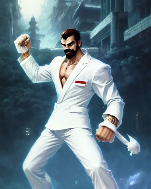 Image similar to gigachad luigi fighting like street fighter in a white suit, fantasy character portrait, ultra realistic, anime key visual, concept art, intricate details, highly detailed by greg rutkowski, ilya kuvshinov, gaston bussiere, craig mullins, simon bisley