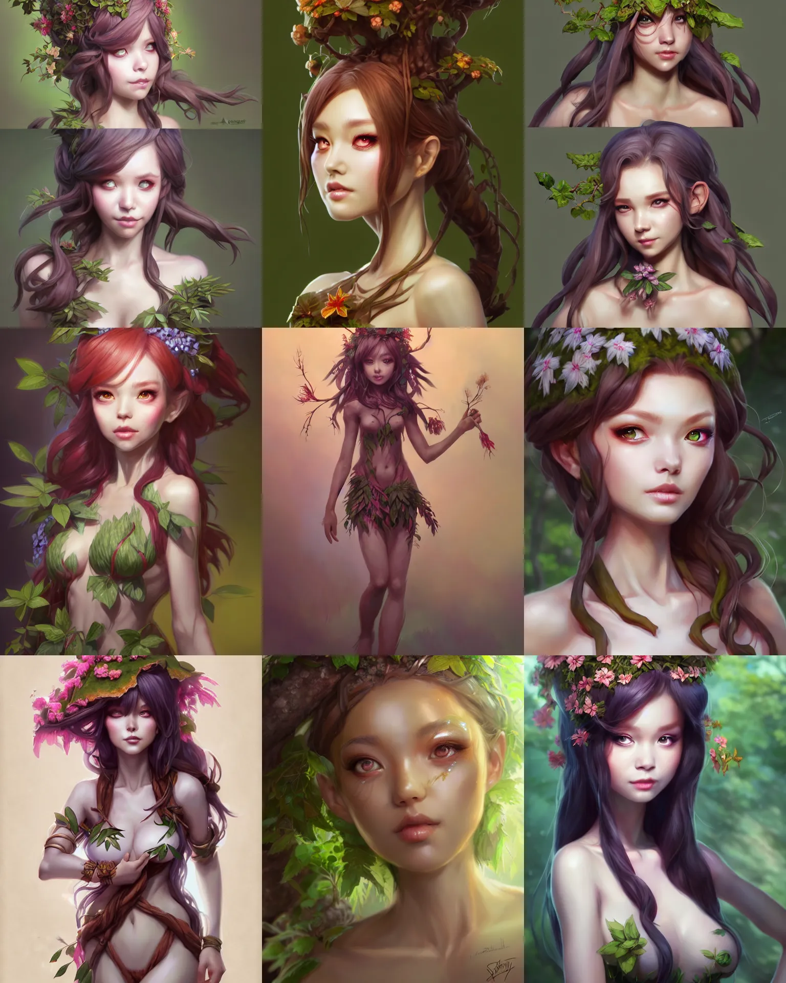 Prompt: Character concept art of Ssunbiki as a dryad || foliage clothing, cute-fine-face, pretty face, realistic shaded Perfect face, fine details by Stanley Artgerm Lau, WLOP, Rossdraws, James Jean, Andrei Riabovitchev, Marc Simonetti, and Sakimichan, tranding on artstation