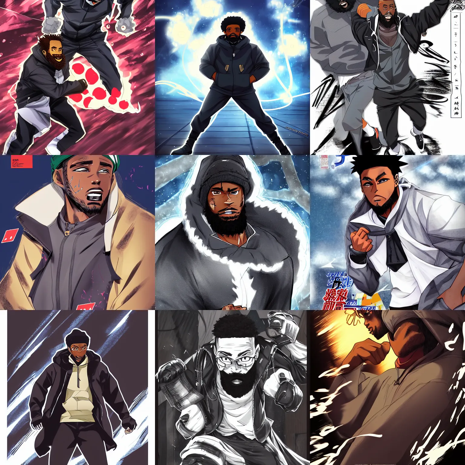 Prompt: a manga cover of a handsome african-american male athlete with a big full beard and a gray head scarf, wearing a black down puffer coat, in a high energy fight scene with speed lines, comic book panels, artstation