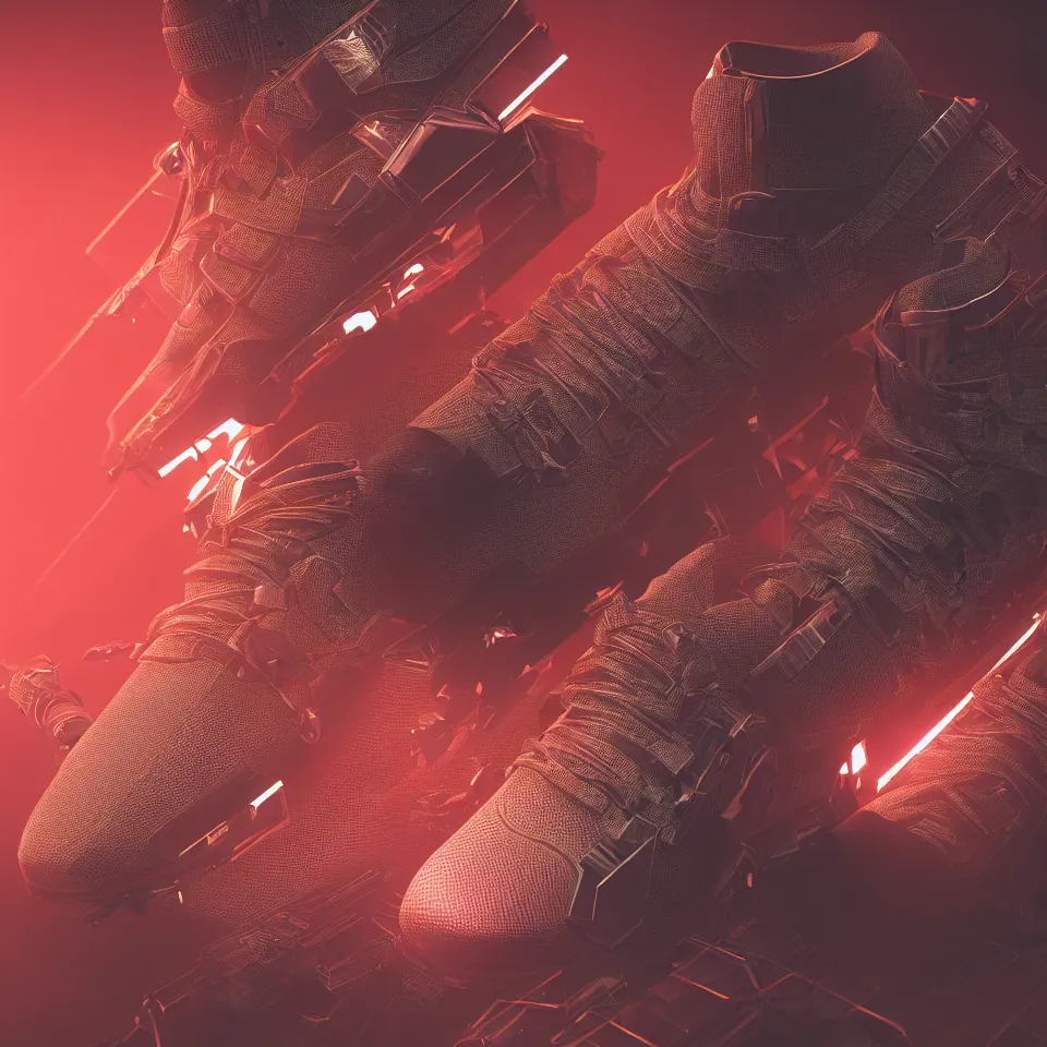 Prompt: realistic 3 d render product shot of a cyberpunk sneaker, beautiful studio lighting, soft, sharp focus, neon cyberpunk highlights, intricate detail, gold and red accents, soft rubber, octane render, wide angle, trending on artstation, deviantart, art by syd mead and issey miyake