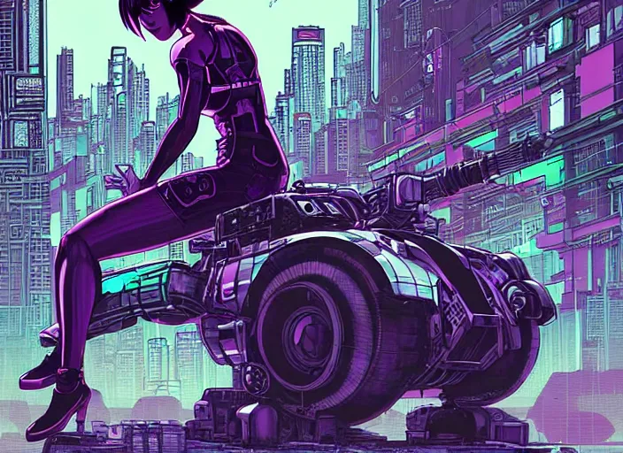 Prompt: motoko kusanagi riding a spider - tank in a grungy cyberpunk megacity, intricate and finely detailed, cyberpunk vaporwave, by phil jimenez, ilya kuvshinov