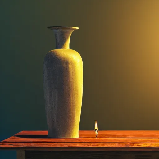 Image similar to a large vase on top of a antique wooden table, vegetables on table and candle, medieval concept art, cinematic lightning and colors, vray tracing, rendered in unreal engine, dark lightning, contrast shadows