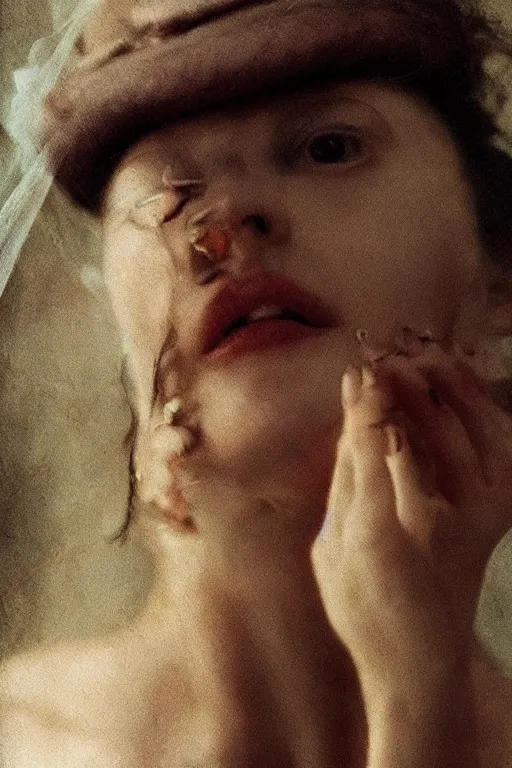 Image similar to hyperrealism close - up fashion portrait by roversi photo from the holy mountain by alejandro jodorowsky in style of francisco goya