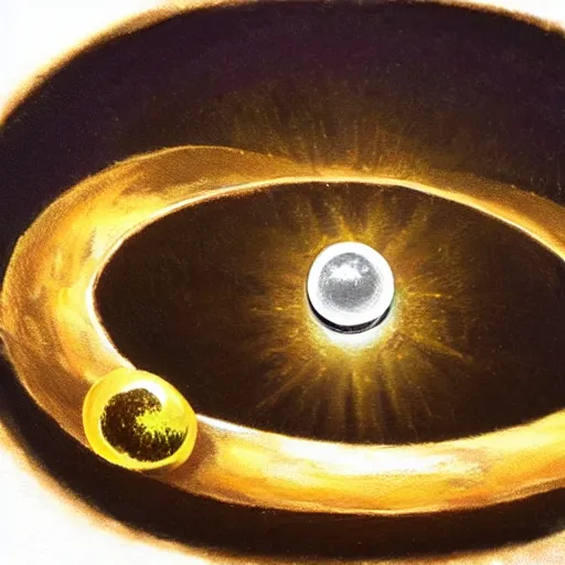 Prompt: a dnd golden wedding ring with three small glowing orbs in the center of its face, oil painting