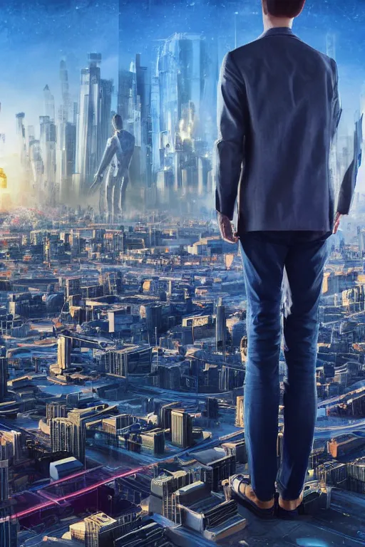 Image similar to close - up of a man standing in front of a giant city of the future