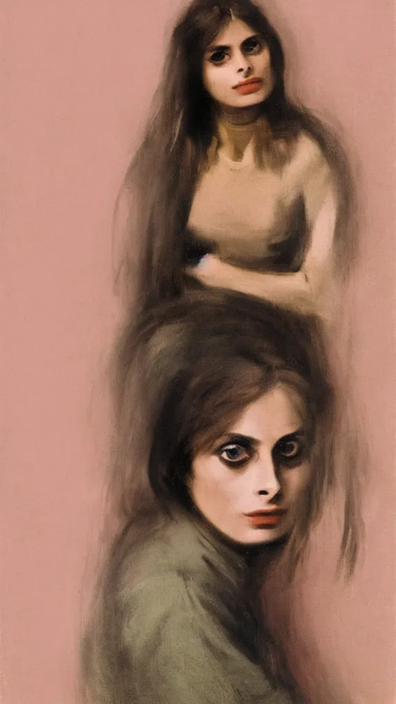 Prompt: nastassja kinski, by camille corot, by wanda gag, gouache paint, sitting in a deserted room in pink sweatshirt, 1 9 6 0 s style, black screen in the background