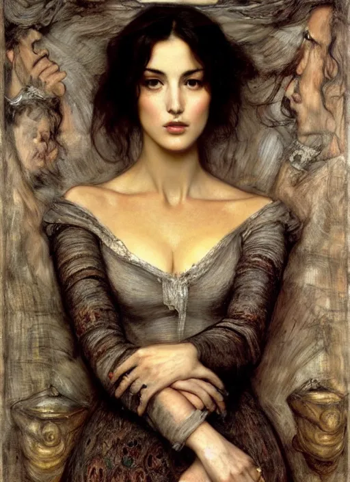 Image similar to a beautiful painting of monica bellucci by John Everett Millais and Dante Gabriel Rossetti and John Collier and john william waterhouse, pre-raphaelite, detailed, trending on artstation, hd, masterpiece