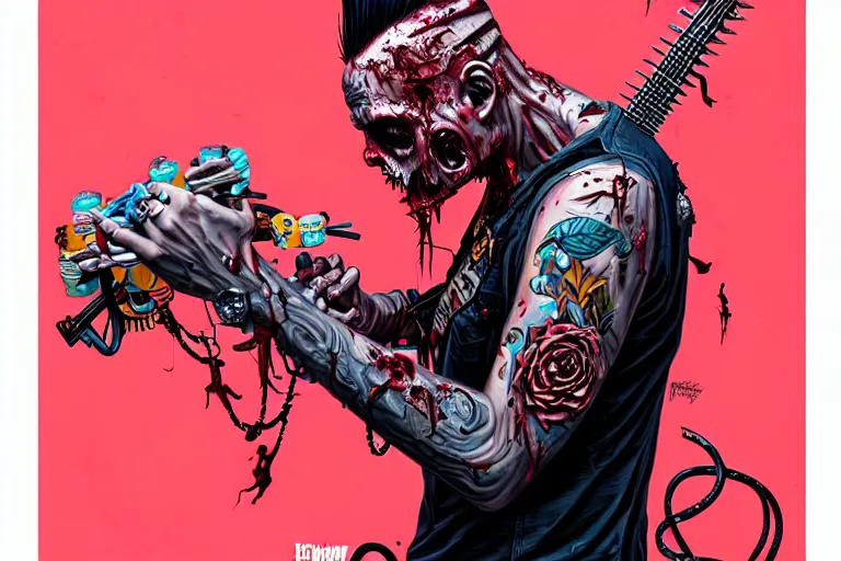 Prompt: zombie punk guitarist with a mohawk, tristan eaton, victo ngai, artgerm, rhads, ross draws, intricated details, 3 / 4 view, full body portrait