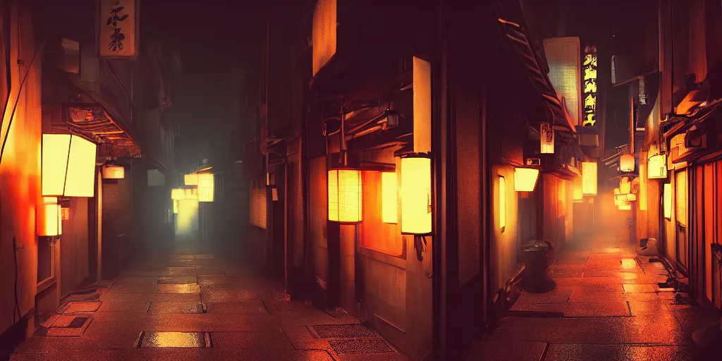 Prompt: a japanese alleyway filled with ghosts, in the style of blade runner 2049, volumetric lighting,
