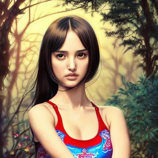 Image similar to a beautiful young japanese natalie portman alluring gravure model, wearing elaborate designer tank top, tank top with mesoamerican patterns, by akira toriyama and wlop and ilya kuvshinov and artgerm and, aesthetic, gorgeous, stunning, alluring, attractive, artstation, deviantart, pinterest, digital art