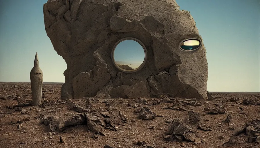 Prompt: levitating bene gesserit reflecting mask in a dry rocky desert landscape, alien city ruins designed by giger, giant abandoned alien city by christopher doyle and alejandro jodorowsky, anamorphic lens, kodakchrome, cinematic composition, very detailed photo, 8 k