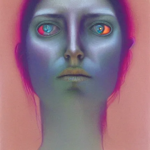 Prompt: woman face staring, portrait, flash, 80mm F2.8, single light source, painting by Zdzislaw Beksinski