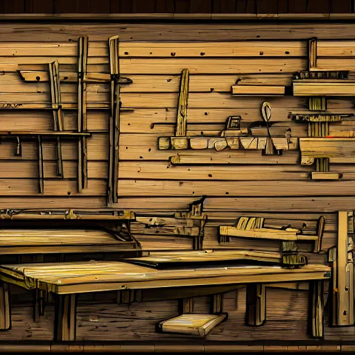 Prompt: Video game background of a carpentry shop in the woods, artistic