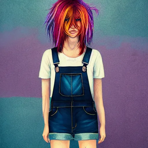 Prompt: realistic, full body portrait, grunge woman with rainbow hair, soft eyes and narrow chin, dainty figure, long hair straight down, torn overalls, short shorts, combat boots, wet tshirt, raining, basic white background, side boob, symmetrical, single person, style of by Jordan Grimmer and greg rutkowski, crisp lines and color,