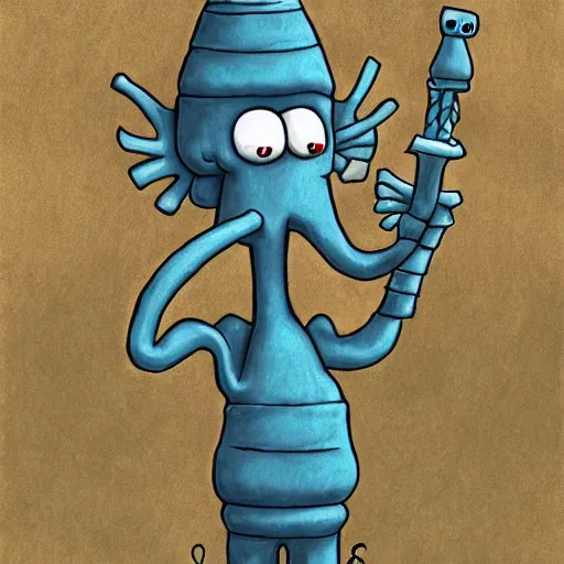 Prompt: squidward as a dark souls boss by Geoffrey Gersten