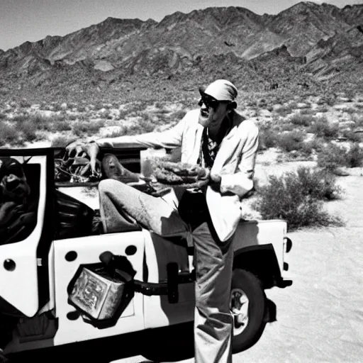 Prompt: hunter S. Thompson eating a sandwich on a jeep in the desert going really fast