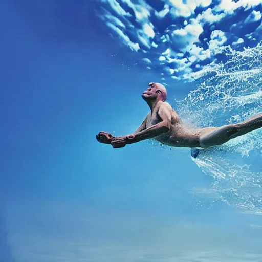 Prompt: hyper realistic photo of swimmer swimming in the clouds