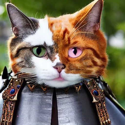 Prompt: a cat wearing realistic complete samurai armor, golden armaments,