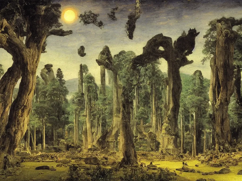 Prompt: Buddhist ruins surrounded by the panthers at night. Starry sky, cypresses in the wind. Painting by Arnold Bocklin, Caspar David Friedrich.