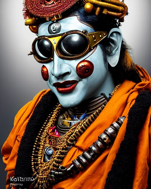 Image similar to photo of a Dramatic Kathakali male character with painted face wearing futuristic MadMax style steampunk goggles and steampunk robot armour with wide skirt in the style of stefan kostic, full body, realistic, sharp focus, symmetric, 8k high definition, insanely detailed, intricate, elegant, art by stanley lau and artgerm, Hajime Sorayama, William-Adolphe Bouguereau