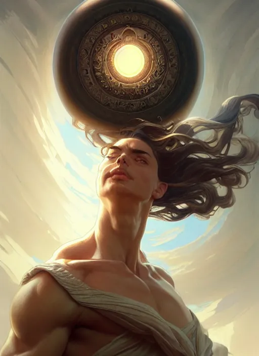 Image similar to portrait of a giant eye floating in the air, d & d, muscular! fantasy, intricate, elegant, highly detailed, digital painting, artstation, concept art, smooth, sharp focus, illustration, art by artgerm and greg rutkowski and alphonse mucha