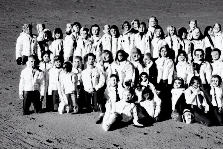 Prompt: class photo of alien students on the moon, b / w photo, 1 9 6 0 s