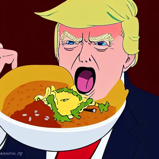 Image similar to beautiful digital painting portrait of donald trump eating a taco bowl in the style of studio trigger anime, 4 k, 8 k, hd, high resolution, highly detailed, intricate detail, ultra realistic faces, digital art, trending on artstation, kill la kill, gurren lagann