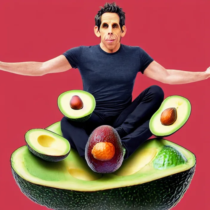 Prompt: ultra realistic illustration of ben stiller in the lotus position balancing stack of avocado on his head