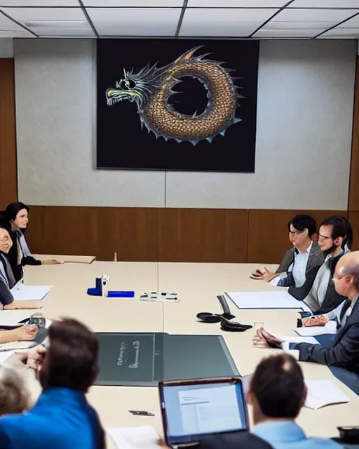 Prompt: a mystical dragon in a board room meeting with investors