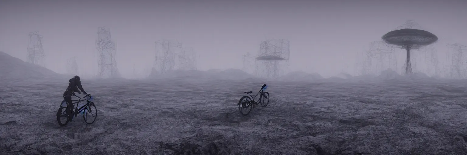 Image similar to desolated foggy cold landscape, tundra, fog , futuristic bike speeding, mountains with alien pylon outpost structure on top, fog, unreal engine 5, 4k, render, volumetric lighting, cinematic, hyperrealistic