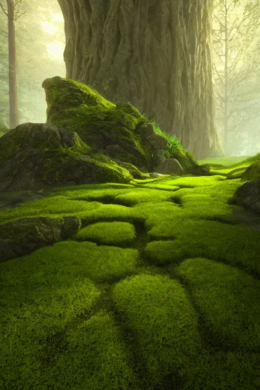 Image similar to the entrance of valhalla, beautiful composition, nature, mossy stone, low angle, rays of light, light dust, octane render, unreal engine, photography, 8 k