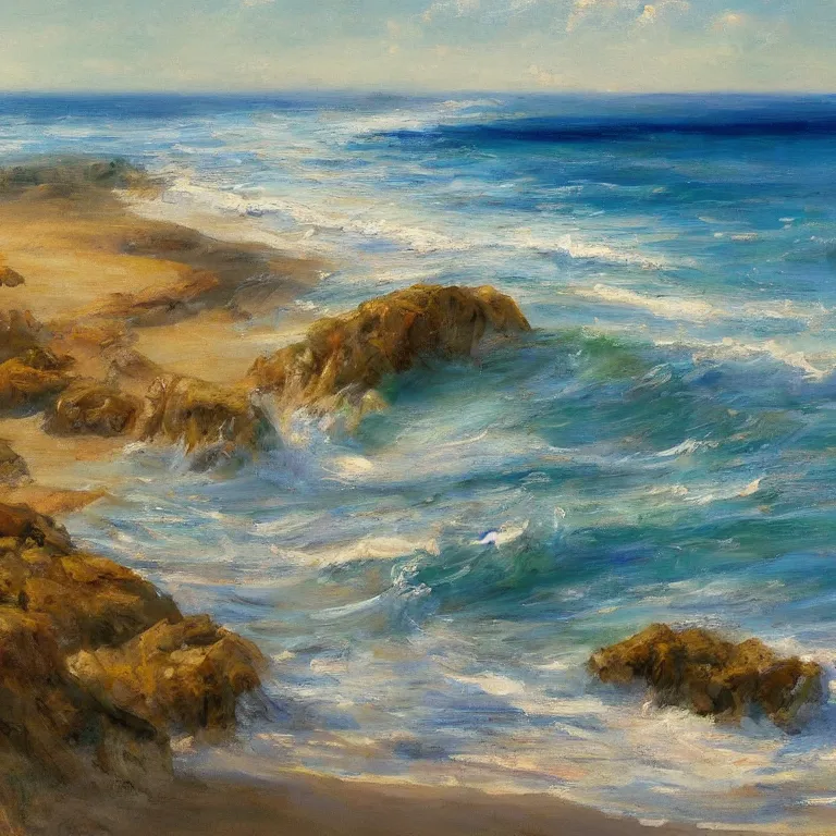 Image similar to a beautiful masterpiece painting of a coastal beach seascape in spring with by juan gimenez, award winning, trending on artstation,