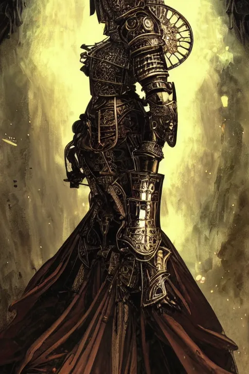 Image similar to beautiful luxury and goddess and victorian and holy female medieval Black armor knight portrait+shiny eyes+front face with light flowing hair, ultradetail face, ruined gothic cathedral, art and illustration by tian zi and craig mullins and WLOP and alphonse mucha, ssci-fi, fantasy, intricate complexity, human structure, hypermaximalist, fantasy character concept, dynamic lighting, neon light, watermark, blurry, hyperrealism 8k