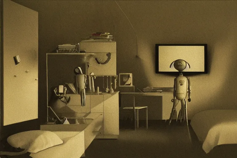 Image similar to IKEA catalogue photo, ghostly teenager bedroom, screens, TVs, monitors, robots, by Beksiński