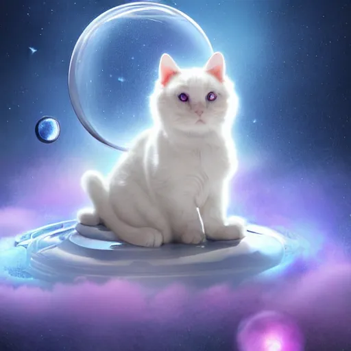 Image similar to concept art, digital art, matte painting, award winning on Artstation. A white cat sitting in a purple garden on an Exoplanet where the sky is full bubbles