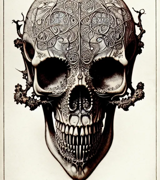 Image similar to art forms of nature by ernst haeckel, memento mori by arthur rackham, ornate antique porcelain beautiful skull mask, ultrasharp, photorealistic, hyperdetailed, octane render, polished, art nouveau, neo - gothic, gothic, intricate ornamental organic filigree, art nouveau botanicals, art forms of nature by ernst haeckel, horizontal symmetry, symbolist, visionary