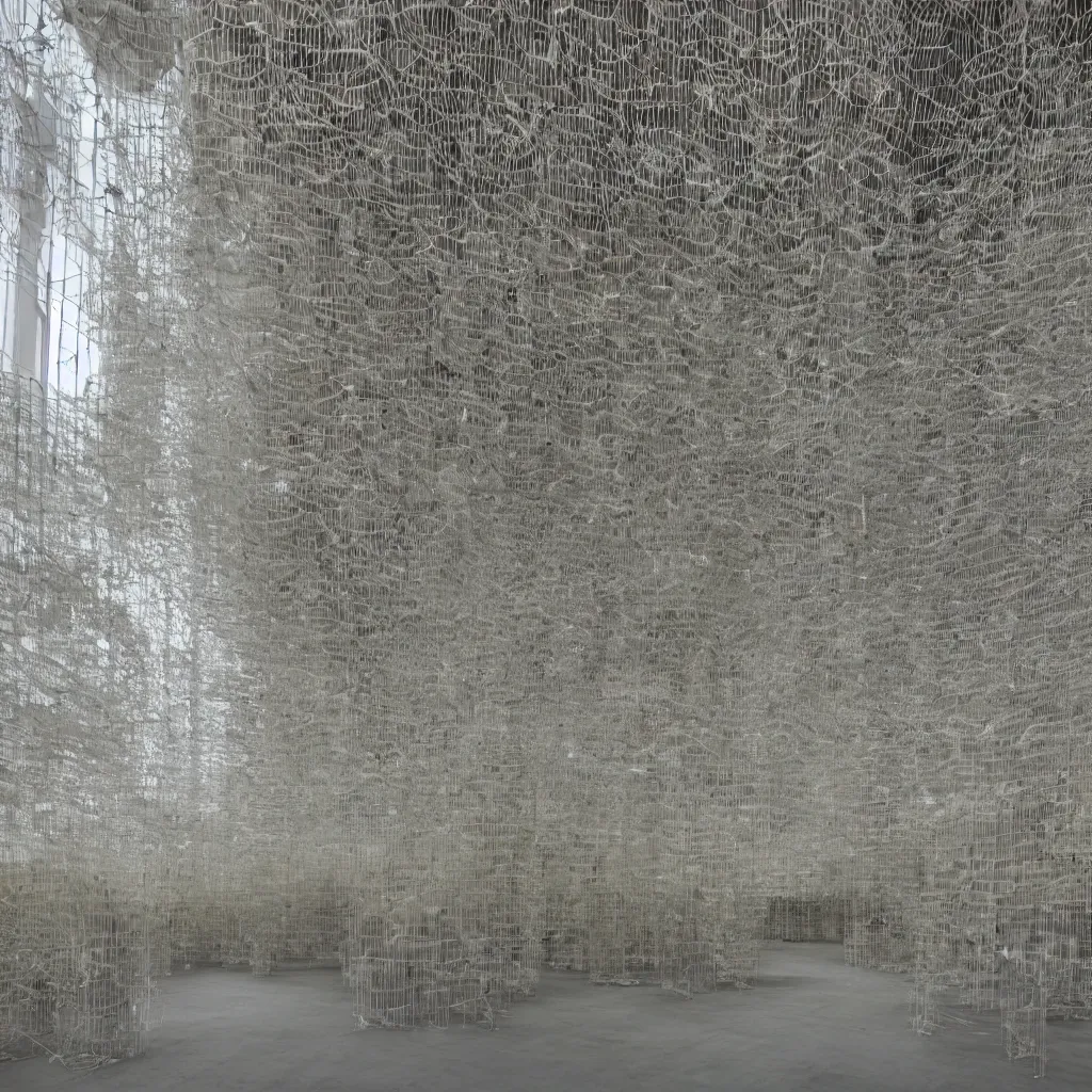 Image similar to neo brutalist herzog & de meuron bioremediation installation, philip beesley, art exhibition