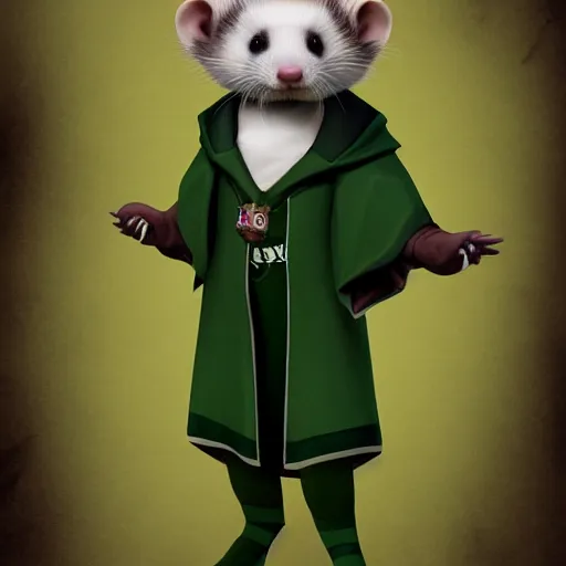 Prompt: a anthropomorphic ferret is dressed as a hogwarts student in slytherin robes, hyperdetailed, artstation, cgsociety, 8 k