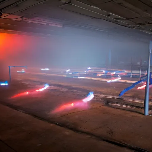 Prompt: wide angle shot from above, muted/dim neon color smoke wisps waft on a current of air through a low energy cluttered parlor and coalesce onto the floor into an outline reminiscent of a high-energy racing horse crossing the finish line.