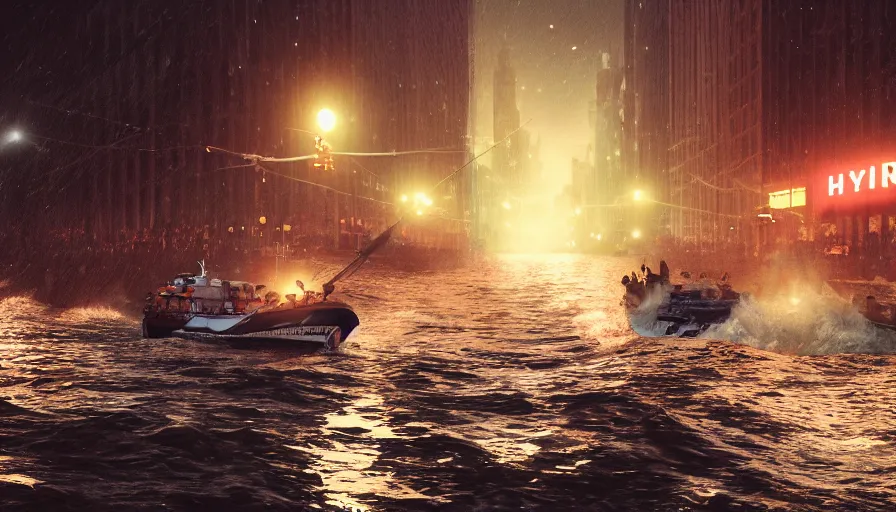 Prompt: lifeboat rescuing people while crossing new york streets after tsunami at night, hyperdetailed, artstation, cgsociety, 8 k