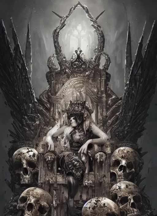 Prompt: the ruined queen sitting on a throne made of skulls, concept art, digital illustration, trending on artstation, deviantart, artgerm, epic composition, masterpiece, highly detailed, perfect face, realistic face, wlop, ross draws