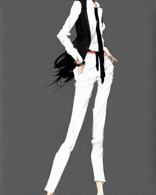 Image similar to a ultradetailed beautiful panting of a stylish woman, she is wearing a white shirt with a tie and black pants, by conrad roset, greg rutkowski and makoto shinkai trending on artstation