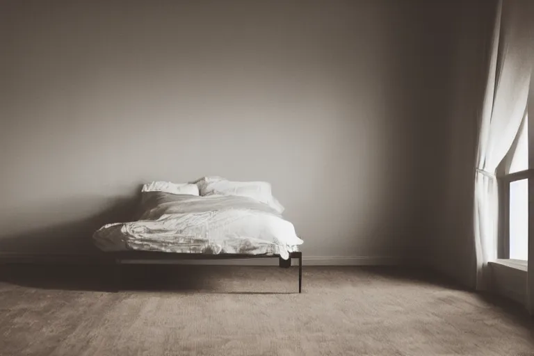 Prompt: dark dreamy bedroom, chiaroscuro shadows, soft focus cinematic still