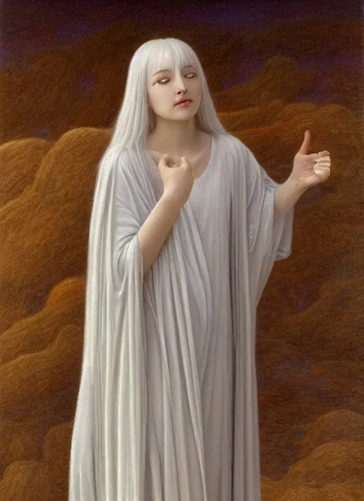 Image similar to thin young beautiful angel with silver hair so long, pale!, wearing white robes!, wearing silver hair, golden goddess, young adorable korean face, silver hair!!, oil on canvas, style of jean delville, 4 k resolution, aesthetic!,